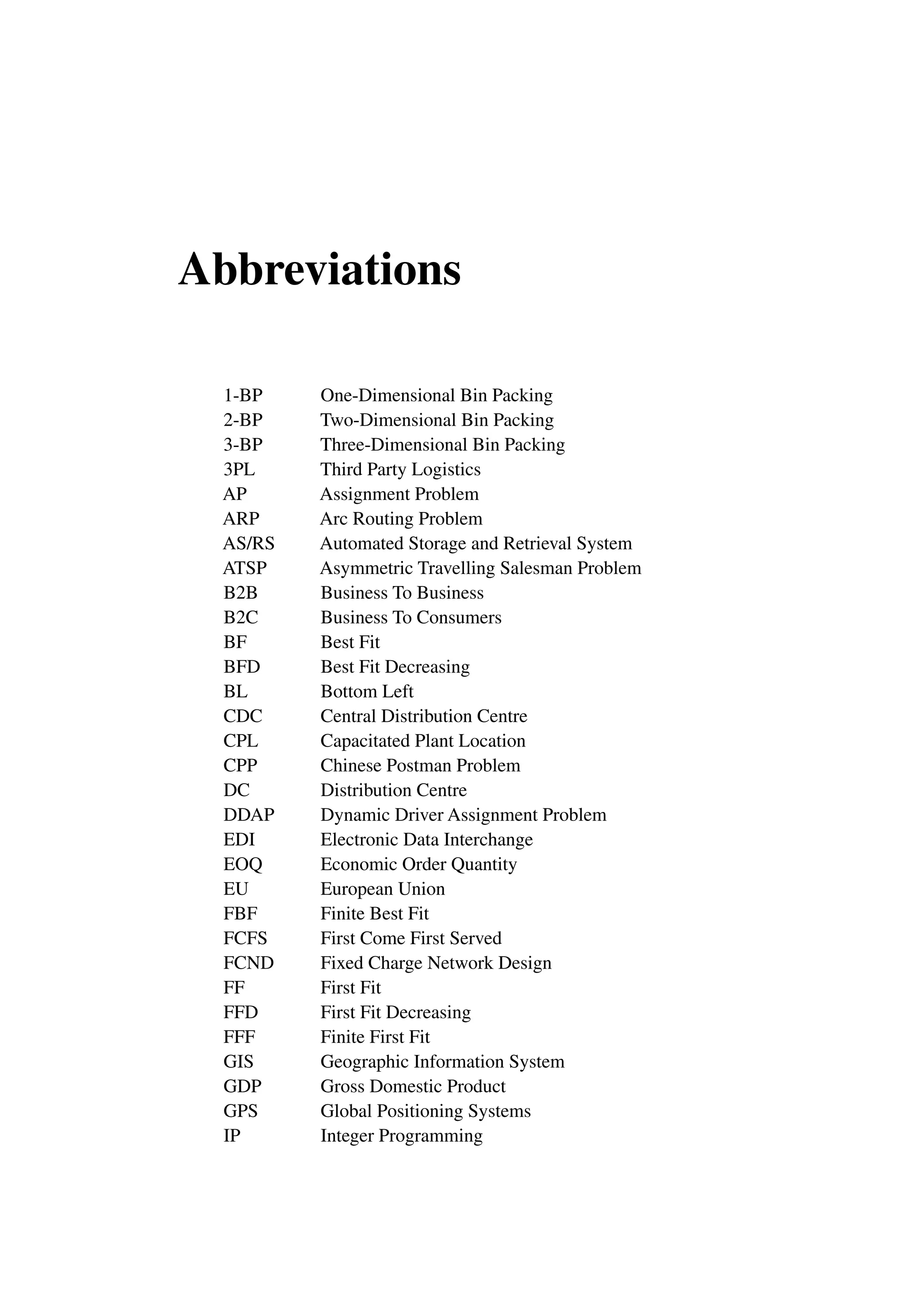 Abbreviations
1-BP One-Dimensional Bin Packing
2-BP Two-Dimensional Bin Packing
3-BP Three-Dimensional Bin Packing
3PL Third Party Logistics
AP Assignment Problem
ARP Arc Routing Problem
AS/RS Automated Storage and Retrieval System
ATSP Asymmetric Travelling Salesman Problem
B2B Business To Business
B2C Business To Consumers
BF Best Fit
BFD Best Fit Decreasing
BL Bottom Left
CDC Central Distribution Centre
CPL Capacitated Plant Location
CPP Chinese Postman Problem
DC Distribution Centre
DDAP Dynamic Driver Assignment Problem
EDI Electronic Data Interchange
EOQ Economic Order Quantity
EU European Union
FBF Finite Best Fit
FCFS First Come First Served
FCND Fixed Charge Network Design
FF First Fit
FFD First Fit Decreasing
FFF Finite First Fit
GIS Geographic Information System
GDP Gross Domestic Product
GPS Global Positioning Systems
IP Integer Programming
 