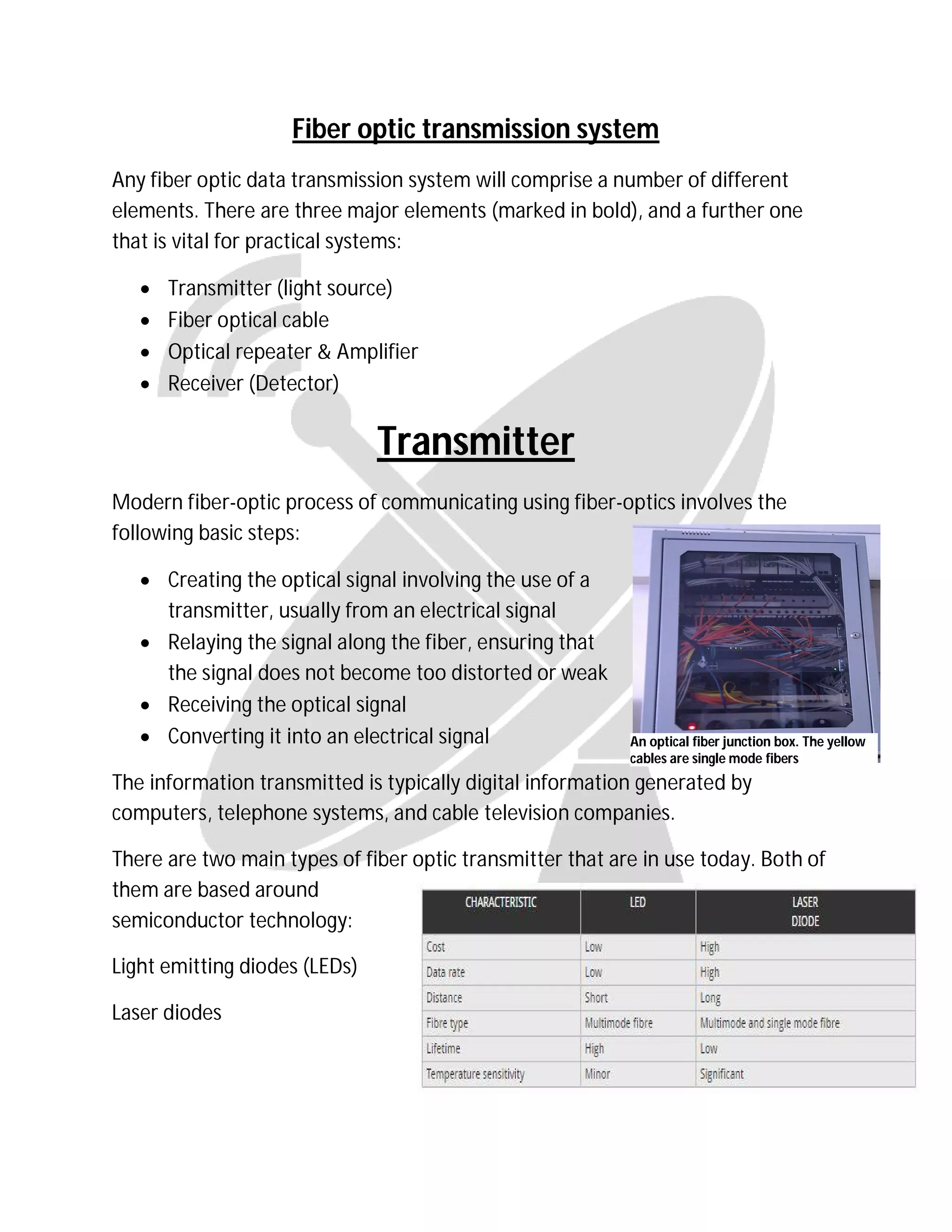 Fiber optic transmission system
Any fiber optic data transmission system will comprise a number of different
elements. There are three major elements (marked in bold), and a further one
that is vital for practical systems:
 Transmitter (light source)
 Fiber optical cable
 Optical repeater & Amplifier
 Receiver (Detector)
Transmitter
Modern fiber-optic process of communicating using fiber-optics involves the
following basic steps:
 Creating the optical signal involving the use of a
transmitter, usually from an electrical signal
 Relaying the signal along the fiber, ensuring that
the signal does not become too distorted or weak
 Receiving the optical signal
 Converting it into an electrical signal
The information transmitted is typically digital information generated by
computers, telephone systems, and cable television companies.
There are two main types of fiber optic transmitter that are in use today. Both of
them are based around
semiconductor technology:
Light emitting diodes (LEDs)
Laser diodes
An optical fiber junction box. The yellow
cables are single mode fibers
 