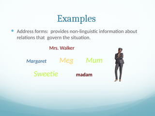 Examples
 Address forms: provides non-linguistic information about
relations that govern the situation.
Mrs. Walker
Margaret Meg Mum
Sweetie madam
 