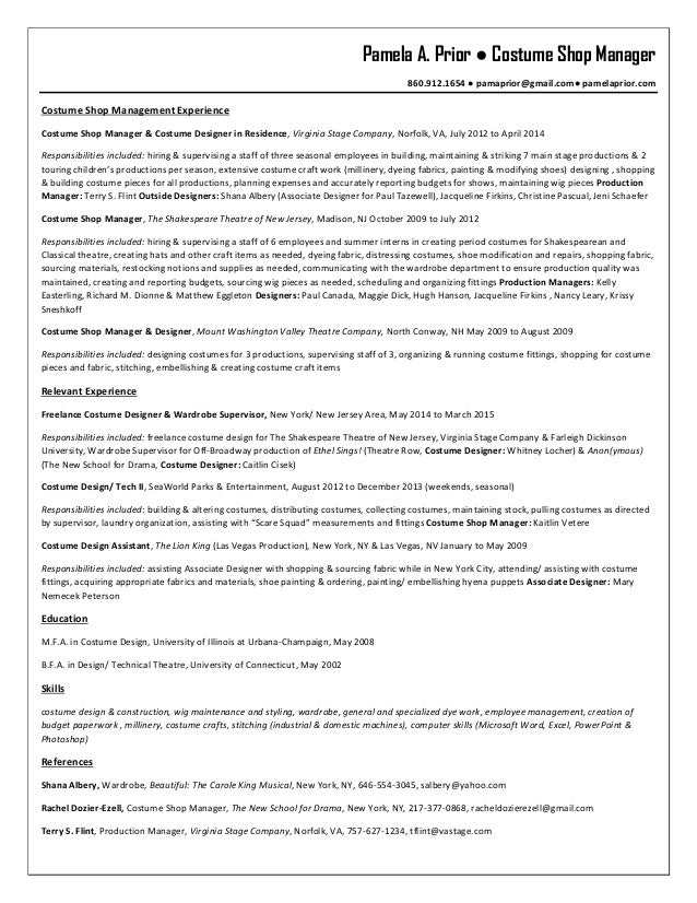 Costume Supervisor Sle Resume a prior costume shop manager resume Costume Supervisor Sle Resume a prior costume shop manager resume
