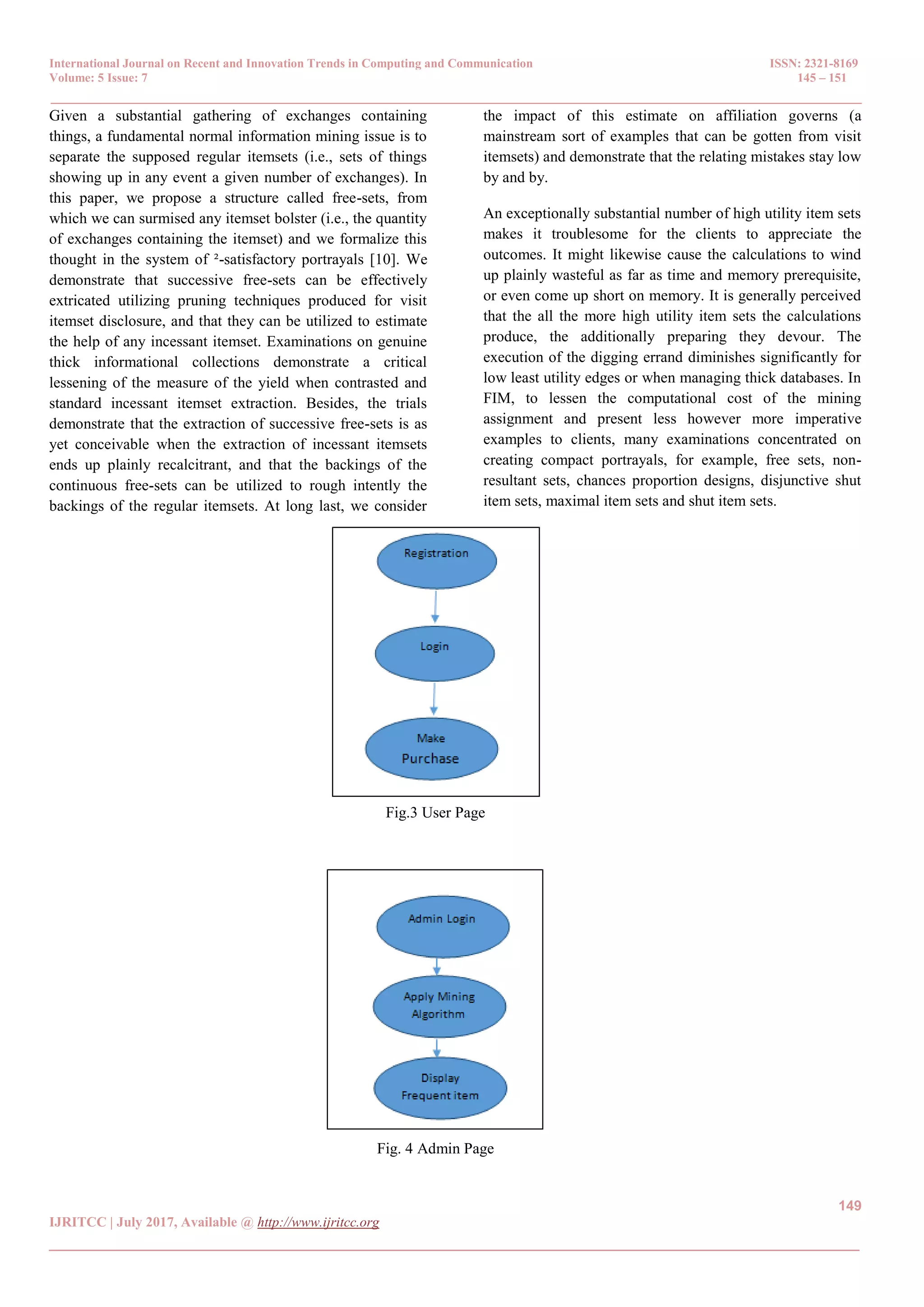 International Journal on Recent and Innovation Trends in Computing and Communication ISSN: 2321-8169 Volume: 5 Issue: 7 145 – 151 _______________________________________________________________________________________________ 149 IJRITCC | July 2017, Available @ http://www.ijritcc.org _______________________________________________________________________________________ Given a substantial gathering of exchanges containing things, a fundamental normal information mining issue is to separate the supposed regular itemsets (i.e., sets of things showing up in any event a given number of exchanges). In this paper, we propose a structure called free-sets, from which we can surmised any itemset bolster (i.e., the quantity of exchanges containing the itemset) and we formalize this thought in the system of ²-satisfactory portrayals [10]. We demonstrate that successive free-sets can be effectively extricated utilizing pruning techniques produced for visit itemset disclosure, and that they can be utilized to estimate the help of any incessant itemset. Examinations on genuine thick informational collections demonstrate a critical lessening of the measure of the yield when contrasted and standard incessant itemset extraction. Besides, the trials demonstrate that the extraction of successive free-sets is as yet conceivable when the extraction of incessant itemsets ends up plainly recalcitrant, and that the backings of the continuous free-sets can be utilized to rough intently the backings of the regular itemsets. At long last, we consider the impact of this estimate on affiliation governs (a mainstream sort of examples that can be gotten from visit itemsets) and demonstrate that the relating mistakes stay low by and by. An exceptionally substantial number of high utility item sets makes it troublesome for the clients to appreciate the outcomes. It might likewise cause the calculations to wind up plainly wasteful as far as time and memory prerequisite, or even come up short on memory. It is generally perceived that the all the more high utility item sets the calculations produce, the additionally preparing they devour. The execution of the digging errand diminishes significantly for low least utility edges or when managing thick databases. In FIM, to lessen the computational cost of the mining assignment and present less however more imperative examples to clients, many examinations concentrated on creating compact portrayals, for example, free sets, non- resultant sets, chances proportion designs, disjunctive shut item sets, maximal item sets and shut item sets. Fig.3 User Page Fig. 4 Admin Page 