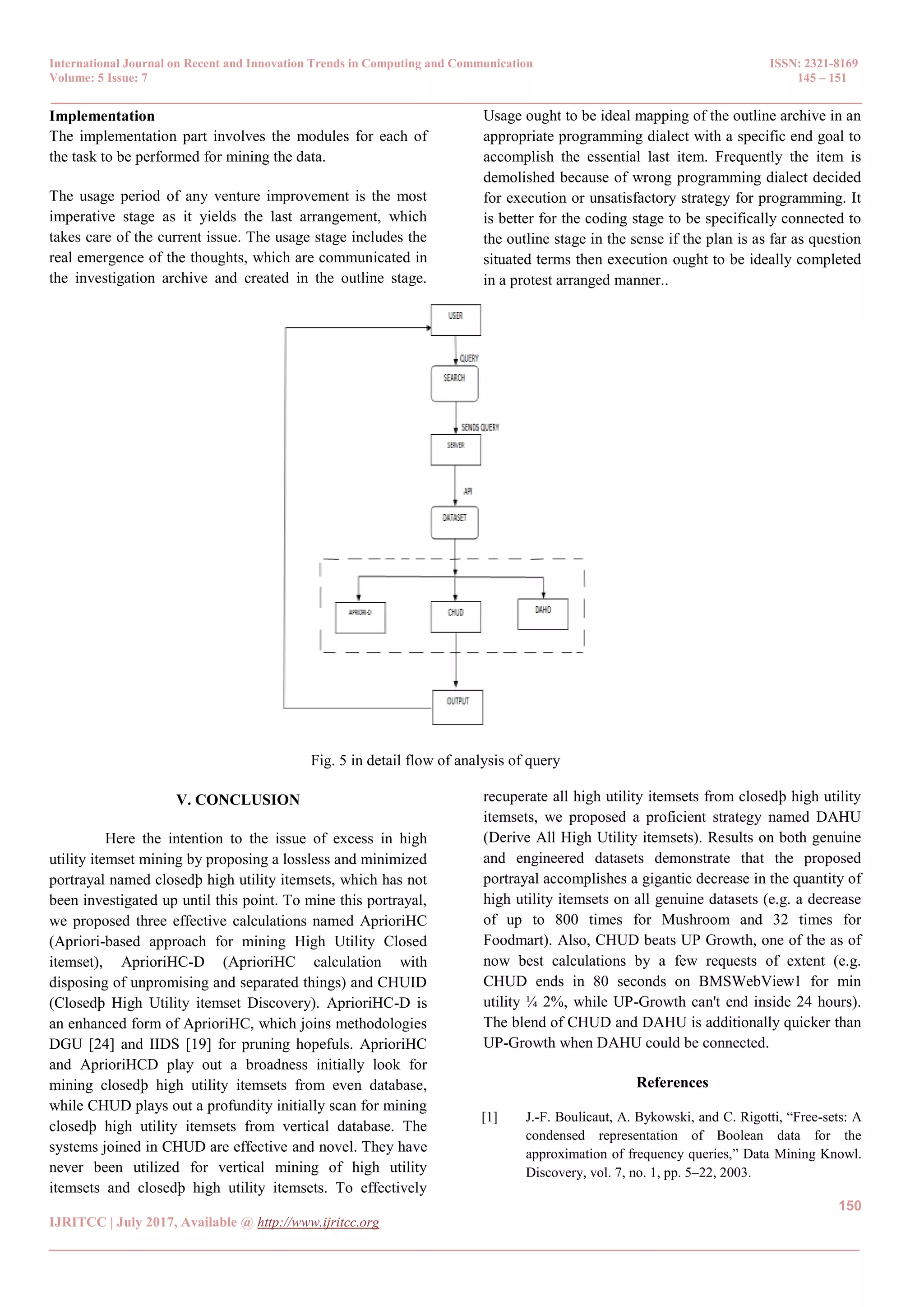 International Journal on Recent and Innovation Trends in Computing and Communication ISSN: 2321-8169 Volume: 5 Issue: 7 145 – 151 _______________________________________________________________________________________________ 150 IJRITCC | July 2017, Available @ http://www.ijritcc.org _______________________________________________________________________________________ Implementation The implementation part involves the modules for each of the task to be performed for mining the data. The usage period of any venture improvement is the most imperative stage as it yields the last arrangement, which takes care of the current issue. The usage stage includes the real emergence of the thoughts, which are communicated in the investigation archive and created in the outline stage. Usage ought to be ideal mapping of the outline archive in an appropriate programming dialect with a specific end goal to accomplish the essential last item. Frequently the item is demolished because of wrong programming dialect decided for execution or unsatisfactory strategy for programming. It is better for the coding stage to be specifically connected to the outline stage in the sense if the plan is as far as question situated terms then execution ought to be ideally completed in a protest arranged manner.. Fig. 5 in detail flow of analysis of query V. CONCLUSION Here the intention to the issue of excess in high utility itemset mining by proposing a lossless and minimized portrayal named closedþ high utility itemsets, which has not been investigated up until this point. To mine this portrayal, we proposed three effective calculations named AprioriHC (Apriori-based approach for mining High Utility Closed itemset), AprioriHC-D (AprioriHC calculation with disposing of unpromising and separated things) and CHUID (Closedþ High Utility itemset Discovery). AprioriHC-D is an enhanced form of AprioriHC, which joins methodologies DGU [24] and IIDS [19] for pruning hopefuls. AprioriHC and AprioriHCD play out a broadness initially look for mining closedþ high utility itemsets from even database, while CHUD plays out a profundity initially scan for mining closedþ high utility itemsets from vertical database. The systems joined in CHUD are effective and novel. They have never been utilized for vertical mining of high utility itemsets and closedþ high utility itemsets. To effectively recuperate all high utility itemsets from closedþ high utility itemsets, we proposed a proficient strategy named DAHU (Derive All High Utility itemsets). Results on both genuine and engineered datasets demonstrate that the proposed portrayal accomplishes a gigantic decrease in the quantity of high utility itemsets on all genuine datasets (e.g. a decrease of up to 800 times for Mushroom and 32 times for Foodmart). Also, CHUD beats UP Growth, one of the as of now best calculations by a few requests of extent (e.g. CHUD ends in 80 seconds on BMSWebView1 for min utility ¼ 2%, while UP-Growth can't end inside 24 hours). The blend of CHUD and DAHU is additionally quicker than UP-Growth when DAHU could be connected. References [1] J.-F. Boulicaut, A. Bykowski, and C. Rigotti, “Free-sets: A condensed representation of Boolean data for the approximation of frequency queries,” Data Mining Knowl. Discovery, vol. 7, no. 1, pp. 5–22, 2003. 