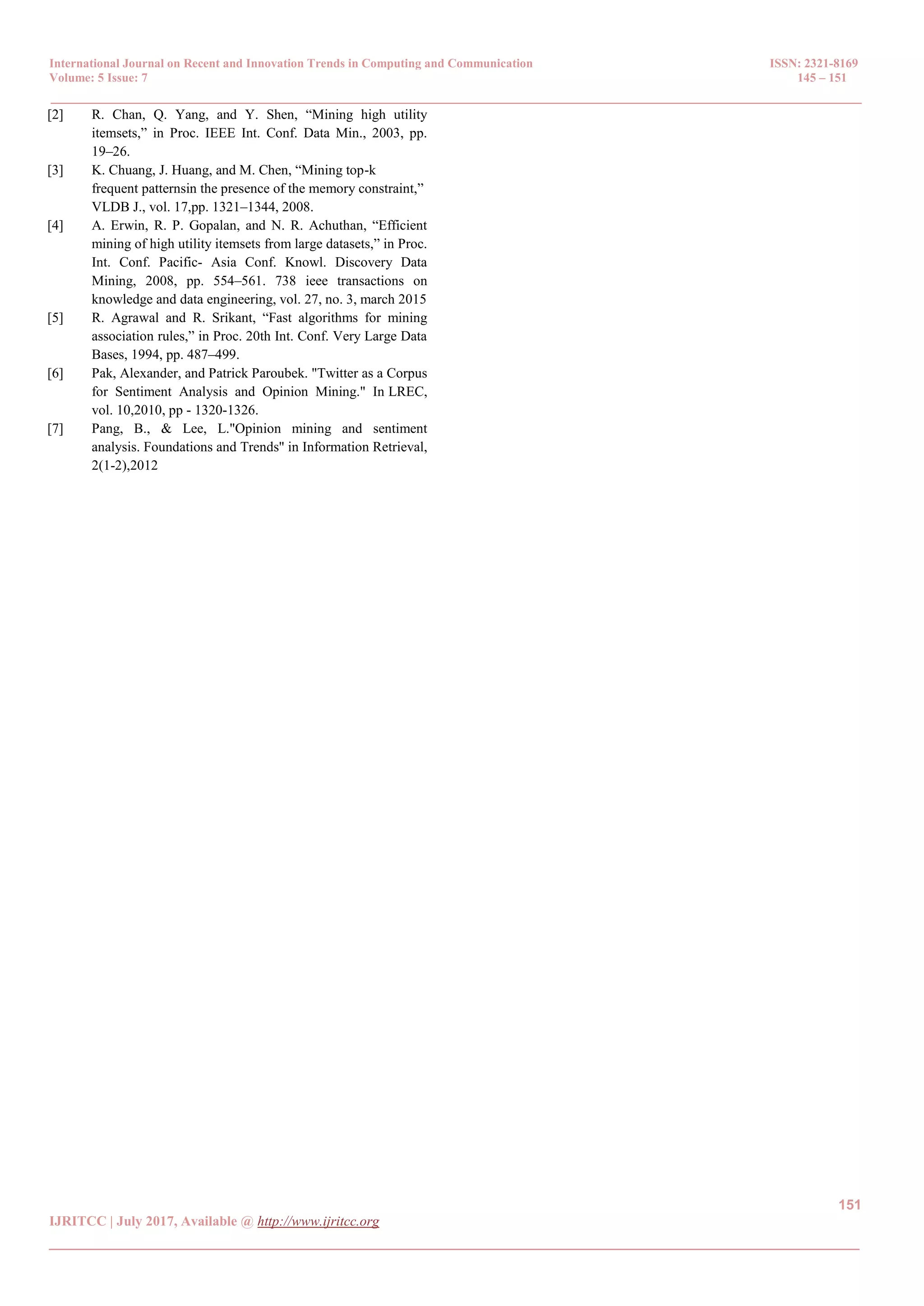 International Journal on Recent and Innovation Trends in Computing and Communication ISSN: 2321-8169 Volume: 5 Issue: 7 145 – 151 _______________________________________________________________________________________________ 151 IJRITCC | July 2017, Available @ http://www.ijritcc.org _______________________________________________________________________________________ [2] R. Chan, Q. Yang, and Y. Shen, “Mining high utility itemsets,” in Proc. IEEE Int. Conf. Data Min., 2003, pp. 19–26. [3] K. Chuang, J. Huang, and M. Chen, “Mining top-k frequent patternsin the presence of the memory constraint,” VLDB J., vol. 17,pp. 1321–1344, 2008. [4] A. Erwin, R. P. Gopalan, and N. R. Achuthan, “Efficient mining of high utility itemsets from large datasets,” in Proc. Int. Conf. Pacific- Asia Conf. Knowl. Discovery Data Mining, 2008, pp. 554–561. 738 ieee transactions on knowledge and data engineering, vol. 27, no. 3, march 2015 [5] R. Agrawal and R. Srikant, “Fast algorithms for mining association rules,” in Proc. 20th Int. Conf. Very Large Data Bases, 1994, pp. 487–499. [6] Pak, Alexander, and Patrick Paroubek. "Twitter as a Corpus for Sentiment Analysis and Opinion Mining." In LREC, vol. 10,2010, pp - 1320-1326. [7] Pang, B., & Lee, L."Opinion mining and sentiment analysis. Foundations and Trends" in Information Retrieval, 2(1-2),2012 