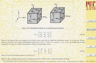 3.016 Home
Full Screen
Close
Quit
c W. Craig Carter
x
y
z
!yx
!zx
!xx
!yy
!zy
!xy
!yz
!zz
!xz
!21
!31
!11
!22
!32
!12
!23
!33
!13
Figure 10-6: Illustration of stress on an oriented volume element.
σij =


σxx σxy σxz
σyx σyy σyz
σzx σzy σzz

 (10-15)
There is one special and very simple case of elastic stress, and that is called the hydrostatic stress. It is the case of pure
pressure and there are no shear (oﬀ-diagonal) stresses (i.e., all σij = 0 for i = j, and σ11 = σ22 = σ33). An equilibrium system
composed of a body in a ﬂuid environment is always in hydrostatic stress:
σij =


−P 0 0
0 −P 0
0 0 −P

 (10-16)
where the pure hydrostatic pressure is given by P.
Strain is also a rank-2 tensor and it is a physical measure of a how much a material changes its shape.5
5
It is unfortunate that the words of these two related physical quantities, stress and strain, sound so similar. Strain measures the change in
 