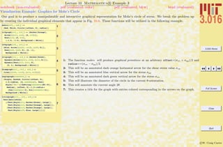 3.016 Home
Full Screen
Close
Quit
c W. Craig Carter
Lecture 10 Mathematica R Example 3
Visualization Example: Graphics for Mohr’s Circle
notebook (non-evaluated) pdf (evaluated, color) pdf (evaluated, b&w) html (evaluated)
Our goal is to produce a manipulatable and interactive graphical representation for Mohr’s circle of stress. We break the problem up
by creating the individual graphical elements that appear in Fig. 10-8. These functions will be utilized in the following example.
1
mohrs@off_, rad_D :=
8Red, Thick, Circle@8offset, 0<, radiusD<
2
s12graph@s11_, s12_D := 8Darker@OrangeD,
Arrow@88s11, s12<, 80, s12<<D,
Text@s12, 80, s12<,
8-1.5, -1.5<, Background Ø WhiteD<
3
s22graph@s22_, s12_D :=
8Blue, Arrow@88s22, -s12<, 8s22, 0<<D,
Text@s22, 8s22, 0<, 80, -1<,
Background Ø WhiteD<
4
s11graph@s11_, s12_D := 8Darker@GreenD,
Dynamic@Arrow@88s11, s12<, 8s11, 0<<DD,
Dynamic@Text@s11, 8s11, 0<,
80, 1<, Background Ø WhiteDD<
5
diamgraph@s11_, s12_, s22_D :=
8Line@88s22, -s12<, 8s11, s12<<D<
6
anglegraph@twotheta_D :=
8Purple, Dashed, Circle@8offset, 0<,
1.2 * radius, 80, twotheta<D, Text@
Style@"2q=" <> ToString@twotheta 180 ê PiD,
MediumD, 8offset, 0< + 1.2 * radius *
8Cos@twotheta ê 2D, Sin@twotheta ê 2D<,
Background Ø WhiteD<
7
titlegraph@s11_, s12_, s22_D :=
Text@MatrixForm@
88Text@Style@s11, Darker@GreenD, LargeDD,
Text@Style@s12, Darker@OrangeD, LargeDD<,
8Text@Style@s12, Darker@OrangeD, LargeDD,
Text@Style@s22, Blue, LargeDD<<DD
1: The function mohrs will produce graphical primitives at an arbitrary offset=(σxx + σyy)/2 and
radius==(σxx − σyy)/2.
2: This will be an annotated dark orange horizontal arrow for the shear stress value σxy
3: This will be an annotated blue vertical arrow for the stress σyy
4: This will be an annotated dark green vertical arrow for the stress σxx
5: This will illustrate the diameter of the circle in the current θ-orientation.
6: This will annotate the current angle 2θ.
7: This creates a title for the graph with entries colored corresponding to the arrows on the graph.
 