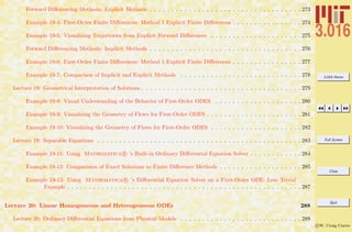 3.016 Home
Full Screen
Close
Quit
c W. Craig Carter
Forward Diﬀerencing Methods: Explicit Methods . . . . . . . . . . . . . . . . . . . . . . . . . . . . . . . . . . . 273
Example 19-4: First-Order Finite Diﬀerences: Method 1 Explicit Finite Diﬀerences . . . . . . . . . . . . . . . . 274
Example 19-5: Visualizing Trajectories from Explicit Forward Diﬀerences . . . . . . . . . . . . . . . . . . . . . 275
Forward Diﬀerencing Methods: Implicit Methods . . . . . . . . . . . . . . . . . . . . . . . . . . . . . . . . . . . 276
Example 19-6: First-Order Finite Diﬀerences: Method 1 Explicit Finite Diﬀerences . . . . . . . . . . . . . . . . 277
Example 19-7: Comparison of Implicit and Explicit Methods . . . . . . . . . . . . . . . . . . . . . . . . . . . . 278
Lecture 19: Geometrical Interpretation of Solutions . . . . . . . . . . . . . . . . . . . . . . . . . . . . . . . . . . . . . 279
Example 19-8: Visual Understanding of the Behavior of First-Order ODES . . . . . . . . . . . . . . . . . . . . 280
Example 19-9: Visualizing the Geometry of Flows for First-Order ODES . . . . . . . . . . . . . . . . . . . . . . 281
Example 19-10: Visualizing the Geometry of Flows for First-Order ODES . . . . . . . . . . . . . . . . . . . . . 282
Lecture 19: Separable Equations . . . . . . . . . . . . . . . . . . . . . . . . . . . . . . . . . . . . . . . . . . . . . . . 283
Example 19-11: Using Mathematica R ’s Built-in Ordinary Diﬀerential Equation Solver . . . . . . . . . . . . 284
Example 19-12: Comparision of Exact Solutions to Finite Diﬀerence Methods . . . . . . . . . . . . . . . . . . . 285
Example 19-13: Using Mathematica R ’s Diﬀerential Equation Solver on a First-Order ODE: Less Trivial
Example . . . . . . . . . . . . . . . . . . . . . . . . . . . . . . . . . . . . . . . . . . . . . . . . . . . . . . 287
Lecture 20: Linear Homogeneous and Heterogeneous ODEs 288
Lecture 20: Ordinary Diﬀerential Equations from Physical Models . . . . . . . . . . . . . . . . . . . . . . . . . . . . 288
 