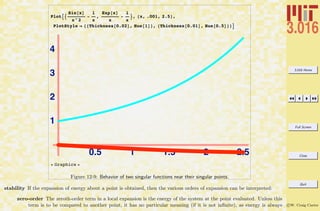 3.016 Home
Full Screen
Close
Quit
c W. Craig Carter
Plot
Sin x
x^2
1
x
,
Exp x
x
1
x
, x, .001, 2.5 ,
PlotStyle Thickness 0.02 , Hue 1 , Thickness 0.01 , Hue 0.5
0.5 1 1.5 2 2.5
1
2
3
4
Graphics
Figure 12-9: Behavior of two singular functions near their singular points.
stability If the expansion of energy about a point is obtained, then the various orders of expansion can be interpreted:
zero-order The zeroth-order term in a local expansion is the energy of the system at the point evaluated. Unless this
term is to be compared to another point, it has no particular meaning (if it is not inﬁnite), as energy is always
 