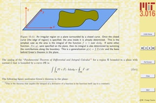 3.016 Home
Full Screen
Close
Quit
c W. Craig Carter
x
y
z
Figure 15-11: An irregular region on a plane surrounded by a closed curve. Once the closed
curve (the edge of region) is speciﬁed, the area inside it is already determined. This is the
simplest case as the area is the integral of the function f = 1 over dxdy. If some other
function, f(x, y), were speciﬁed on the plane, then its integral is also determined by summing
the contributions along the boundary. This is a generalization g(x) = f(x)dx and the basis
behind Green’s theorem in the plane.
The analog of the “Fundamental Theorem of Diﬀerential and Integral Calculus”9 for a region R bounded in a plane with
normal ˆk that is bounded by a curve ∂R is:
R
( × F) · ˆkdxdy =
∂R
F · dr (15-1)
The following ﬁgure motivates Green’s theorem in the plane:
9
This is the theorem that implies the integral of a derivative of a function is the function itself (up to a constant).
 