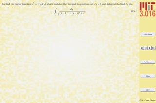 3.016 Home
Full Screen
Close
Quit
c W. Craig Carter
To ﬁnd the vector function F = (F1, F2) which matches the integral in question, set F2 = 0 and integrate to ﬁnd F1 via
dη
(x − ξ)2 + (y − η)2 + z2
(15-4)
 