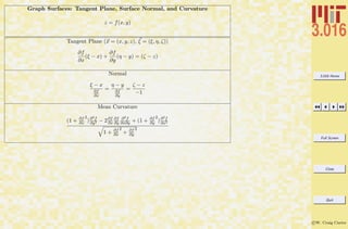 3.016 Home
Full Screen
Close
Quit
c W. Craig Carter
Graph Surfaces: Tangent Plane, Surface Normal, and Curvature
z = f(x, y)
Tangent Plane (x = (x, y, z), ξ = (ξ, η, ζ))
∂f
∂x
(ξ − x) +
∂f
∂y
(η − y) = (ζ − z)
Normal
ξ − x
∂f
∂x
=
η − y
∂f
∂y
=
ζ − z
−1
Mean Curvature
(1 + ∂f
∂x
2
)∂2f
∂y2 − 2∂f
∂x
∂f
∂y
∂2f
∂x∂y + (1 + ∂f
∂y
2
)∂2f
∂x2
1 + ∂f
∂x
2
+ ∂f
∂y
2
 