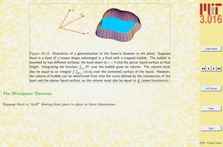 3.016 Home
Full Screen
Close
Quit
c W. Craig Carter
x
y
z
Figure 16-15: Illustration of a generalization to the Green’s theorem in the plane: Suppose
there is a bowl of a known shape submerged in a ﬂuid with a trapped bubble. The bubble is
bounded by two diﬀerent surfaces, the bowl down to z = 0 and the planar liquid surface at that
height. Integrating the function VB
dV over the bubble gives its volume. The volume must
also be equal to an integral ∂VB
zdxdy over the (oriented) surface of the liquid. However,
the volume of bubble can be determined from only the curve deﬁned by the intersection of the
bowl and the planar liquid surface; so the volume must also be equal to C(some function)ds.
The Divergence Theorem
Suppose there is “stuﬀ” ﬂowing from place to place in three dimensions.
 