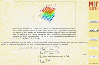 3.016 Home
Full Screen
Close
Quit
c W. Craig Carter
z
y
x
AL AB
Figure 16-16: Illustration of a vector “ﬂow ﬁeld” J near a point in three dimensional space.
If each vector represents the rate of “stuﬀ” ﬂowing per unit area of a plane that is normal to
the direction of ﬂow, then the dot product of the ﬂow ﬁeld integrated over a planar oriented
area A is the rate of “stuﬀ” ﬂowing through that plane. For example, consider the two areas
indicated with purple (or dashed) lines. The rate of “stuﬀ” ﬂowing through those regions is
J · AB = J · ˆkAB and J · AL = J · ˆkAL.
If there are no sources or sinks that create or destroy stuﬀ inside a small box surrounding a point, then the change in the
amount of stuﬀ in the volume of the box must be related to some integral over the box’s surface:
d
dt
(amount of stuﬀ in box) =
d
dt box
(
amount of stuﬀ
volume
)dV
=
box
d
dt
(
amount of stuﬀ
volume
)dV
=
box
(some scalar function related to J)dV
= box
surface
J · dA
(16-1)
 