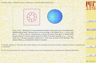 3.016 Home
Full Screen
Close
Quit
c W. Craig Carter
Consider simple, uniformly curved, isolated two- and three-dimensional grains.
Figure 20-18: Illustration of a two-dimensional isolated circular grain and a three-dimensional
isolated spherical grain. Because there is an extra energy in the system ∆G2D = 2πRγgb and
∆G3D = 4πR2γgb, there is a driving force to reduce the radius of the grain. A simple model
for grain growth is that the velocity (normal to itself) of the grain boundary is vgb = Mgbγgbκ
where Mgb is the grain boundary mobility and κ is the mean curvature of the boundary. The
normal velocity vgb is towards the center of curvature.
A relevant question is “how fast will a grain change its size assuming that grain boundary migration velocity is proportional
to curvature?”
For the two-dimensional case, the rate of change of area can be formulated by considering the following illustration.
 