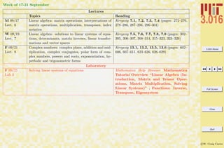 3.016 Home
Full Screen
Close
Quit
c W. Craig Carter
Week of 17-21 September
Lectures
Topics Reading
M 09/17
Lect. 6
Linear algebra: matrix operations, interpretations of
matrix operations, multiplication, transposes, index
notation
Kreyszig 7.1, 7.2, 7.3, 7.4 (pages: 272–276,
278–286, 287–294, 296–301)
W 09/19
Lect. 7
Linear algebra: solutions to linear systems of equa-
tions, determinants, matrix inverses, linear transfor-
mations and vector spaces
Kreyszig 7.5, 7.6, 7.7, 7.8, 7.9 (pages: 302–
305, 306–307, 308–314, 315–323, 323–329)
F 09/21
Lect. 8
Complex numbers: complex plane, addition and mul-
tiplication, complex conjugates, polar form of com-
plex numbers, powers and roots, exponentiation, hy-
perbolic and trigonometric forms
Kreyszig 13.1, 13.2, 13.5, 13.6 (pages: 602–
606, 607–611, 623–626, 626–629)
Laboratory
F 09/21
Lab 3
Solving linear systems of equations Mathematica Help Browser Mathematica
Tutorial Overview “Linear Algebra (In-
troduction, Matrix and Tensor Oper-
ations, Matrix Multiplication, Solving
Linear Systems)” , Functions: Inverse,
Transpose, Eigensystem
 
