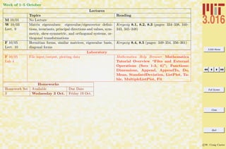3.016 Home
Full Screen
Close
Quit
c W. Craig Carter
Week of 1–5 October
Lectures
Topics Reading
M 10/01 No Lecture
W 10/03
Lect. 9
Matrix eigenvalues: eigenvalue/eigenvector deﬁni-
tions, invariants, principal directions and values, sym-
metric, skew-symmetric, and orthogonal systems, or-
thogonal transformations
Kreyszig 8.1, 8.2, 8.3 (pages: 334–338, 340–
343, 345–348)
F 10/05
Lect. 10
Hermitian forms, similar matrices, eigenvalue basis,
diagonal forms
Kreyszig 8.4, 8.5 (pages: 349–354, 356–361)
Laboratory
F 10/05
Lab 4
File input/output, plotting data Mathematica Help Browser Mathematica
Tutorial Overview “Files and External
Operations (Secs 1-3, 6)”; Functions:
Dimensions, Append, AppendTo, Do,
Mean, StandardDeviation, ListPlot, Ta-
ble, MultipleListPlot, Fit
Homeworks
Homework Set Available Due Date
3 Wednesday 3 Oct. Friday 19 Oct.
 