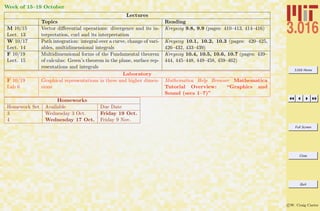 3.016 Home
Full Screen
Close
Quit
c W. Craig Carter
Week of 15–19 October
Lectures
Topics Reading
M 10/15
Lect. 13
Vector diﬀerential operations: divergence and its in-
terpretation, curl and its interpretation
Kreyszig 9.8, 9.9 (pages: 410–413, 414–416)
W 10/17
Lect. 14
Path integration: integral over a curve, change of vari-
ables, multidimensional integrals
Kreyszig 10.1, 10.2, 10.3 (pages: 420–425,
426–432, 433–439)
F 10/19
Lect. 15
Multidimensional forms of the Fundamental theorem
of calculus: Green’s theorem in the plane, surface rep-
resentations and integrals
Kreyszig 10.4, 10.5, 10.6, 10.7 (pages: 439–
444, 445–448, 449–458, 459–462)
Laboratory
F 10/19
Lab 6
Graphical representations in three and higher dimen-
sions
Mathematica Help Browser Mathematica
Tutorial Overview: “Graphics and
Sound (secs 1–7)”
Homeworks
Homework Set Available Due Date
3 Wednesday 3 Oct. Friday 19 Oct.
4 Wednesday 17 Oct. Friday 9 Nov.
 