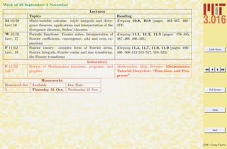 3.016 Home
Full Screen
Close
Quit
c W. Craig Carter
Week of 29 September–2 November
Lectures
Topics Reading
M 10/29
Lect 16
Multi-variable calculus: triple integrals and diver-
gence theorem, applications and interpretation of the
divergence theorem, Stokes’ theorem.
Kreyszig 10.8, 10.9 (pages: 463–467, 468–
473)
W 10/31
Lect. 17
Periodic functions: Fourier series, Interpretation of
Fourier coeﬃcients, convergence, odd and even ex-
pansions
Kreyszig 11.1, 11.2, 11.3 (pages: 478–485,
487–489, 490–495)
F 11/02
Lect. 18
Fourier theory: complex form of Fourier series,
Fourier integrals, Fourier cosine and sine transforms,
the Fourier transforms
Kreyszig 11.4, 11.7, 11.8, 11.9 (pages: 496–
498, 506–512 513–517, 518–523)
Laboratory
F 11/02
Lab 7
Review of Mathematica functions, programs, and
graphics
Mathematica Help Browser Mathematica
Tutorial Overview: “Functions and Pro-
grams”
Homeworks
Homework Set Available Due Date
5 Thursday 31 Oct. Wednesday 21 Nov.
 