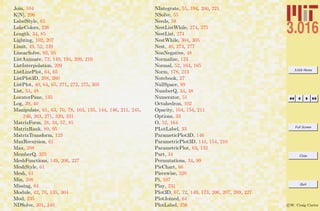 3.016 Home
Full Screen
Close
Quit
c W. Craig Carter
Join, 104
K[N], 296
LabelStyle, 65
LakeColors, 226
Length, 34, 85
Lighting, 102, 207
Limit, 49, 52, 239
LinearSolve, 93, 95
ListAnimate, 72, 149, 194, 209, 210
ListInterpolation, 209
ListLinePlot, 64, 65
ListPlot3D, 208, 260
ListPlot, 40, 64, 65, 271, 272, 275, 305
List, 34, 48
LocatorPane, 135
Log, 39, 40
Manipulate, 61, 63, 70, 78, 103, 135, 144, 146, 211, 245,
246, 263, 271, 320, 331
MatrixForm, 28, 34, 57, 85
MatrixRank, 89, 95
MatrixTransform, 123
MaxRecursion, 61
Max, 208
MemberQ, 325
MeshFunctions, 149, 206, 227
MeshStyle, 61
Mesh, 61
Min, 208
Missing, 64
Module, 42, 70, 135, 304
Mod, 235
NDSolve, 301, 340
NIntegrate, 55, 194, 200, 221
NSolve, 55
Needs, 58
NestListWhile, 274, 275
NestList, 274
NestWhile, 304, 305
Nest, 40, 274, 277
NonNegative, 48
Normalize, 123
Normal, 52, 164, 165
Norm, 178, 213
Notebook, 27
NullSpace, 89
NumberQ, 34, 48
Numerator, 51
Octahedron, 102
Opacity, 104, 154, 211
Options, 33
O, 52, 164
PLotLabel, 33
ParameticPlot3D, 146
ParametricPlot3D, 144, 154, 210
ParametricPlot, 63, 132
Part, 34
Permutations, 34, 99
PieChart, 66
Piecewise, 320
Pi, 107
Play, 231
Plot3D, 67, 72, 149, 173, 206, 207, 209, 227
PlotJoined, 64
PlotLabel, 256
 