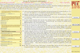 3.016 Home
Full Screen
Close
Quit
c W. Craig Carter
Lecture 03 Mathematica R Example 6
Functional Programming with Recursion: Functions that are Deﬁned by Calling Themselves
notebook (non-evaluated) pdf (evaluated, color) pdf (evaluated, b&w) html (evaluated)
This is an example of how one might go about deﬁning a function to return the factorial of a number. Instructive mistakes are introduced
and, in the following example, we will make the function behave better with incremental improvements.
We will also show how to speed up programs by trading memory for speed.
The canonical programming example is the factorial function n! =
(n)!(n-1) !(n-2)!—!(1) where 0! ª 1; here is a reasonably clever way to
use the fact that (n+1)! = (n+1)!n!
1factorial@n_D := n factorial@n - 1D
2factorial@8D
Ooops, This isn't what was expected, but upon reflection it is correct--we
forgot to define a part of the rule. (Note also that the message window
produced an error about recursion limits) Add the second part of the
definition. Here, we don't use delayed evaluation (:=) because we want to
assign a value immediately.
3factorial@0D = 1;
4factorial@120D
5factorial@257D
Here is where the recursion limit comes in : our function keeps on calling
itself (i.e., recursively). Unless a limit is set the program would keep
running forever. Mathematica builds in a limit to how many times a
function will call itself:
6$RecursionLimit
7$RecursionLimit = 2^11
Speed versus Memory in Functions
8Timing@factorial@2000DD@@1DD
Using immediate assignment in a function: spending memory to buy time:
Each time the function is called, it makes an extra assignment so that
previous values can be recalled if needed.
9
factorial@n_D :=
factorial@nD = n * factorial@n - 1D
This version takes a bit longer the first time, because we are storing data
in memory ...
10Timing@factorial@2000DD@@1DD
But, the next time it is called, the result is much faster.
11Timing@factorial@2001DD@@1DD
12Clear@factorialD
1: This is a functional deﬁnition that will produce the factorial function by recursion because (n+1)! =
(n + 1)n!—the result for n + 1 is obtained by using the previous result for n.
2: However, trying this function now will produce an advisory in the Mathematica R ’s Message
Window, and will not give a satisfactory result because. . .
3: It is necessary to deﬁne a place for the recursion to stop. This is done by assigning the factorial of
zero to be unity.
5: So that recursive functions don’t run for ever, leaving no way, a sensible limit is placed on the
number of times a function can call itself. Mathematica R sets a number of variables such as
$RecursionLimit, that control global behavior.
7: However, the user is free to subvert the defaults.
8: We will now examine the role of memory and speed, to do this we will need the time it takes
Mathematica R to do a computation; this can be obtained with Timing. Timing returns a list of
two elements: the ﬁrst is the time for the computation; the second is the result of the computation.
We will only be interested in the ﬁrst element.
9: Consider using the function to ﬁnd the factorial of 2000, the currently-deﬁned function must call
itself about 2000 times to return a value. Suppose a short time later, the value of 2001! is requested.
The function must again call itself about 2000 times, even though all the factorials less than 2001’s
were calculated previously. If you were the CPU, you might say “why are you asking me to do this
all again? Can’t you remember anything?” Unless computer memory is abundant, it seems like a
waste of eﬀort to repeat the same calculations over and over.
Here is an example where computation speed is purchased at the cost of memory. The deﬁnition of
the function uses a delayed assignment (:=) as well as an immediate assignment (=). The delayed
assignment deﬁnes the function with a pattern—the immediate assignment assigns and stores the
value of a symbol. Thus, when the function is called, it makes an assignment as well as the
computation.
10–11: Here, we see that it takes a little longer to calculate 2000! (because the CPU is doing memory
storage operations), but it takes signiﬁcantly less time to calculate 2001!.
 
