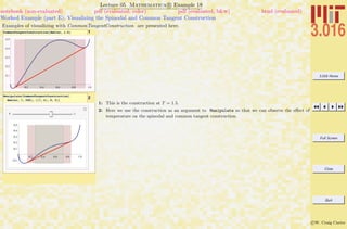 3.016 Home
Full Screen
Close
Quit
c W. Craig Carter
Lecture 05 Mathematica R Example 18
Worked Example (part E): Visualizing the Spinodal and Common Tangent Construction
notebook (non-evaluated) pdf (evaluated, color) pdf (evaluated, b&w) html (evaluated)
Examples of visualizing with CommonTangentConstruction are presented here.
1CommonTangentConstruction@Gmolar, 1.5D
2Manipulate@CommonTangentConstruction@
Gmolar, T, 300D, 88T, 2<, 0, 3<D
T
1: This is the construction at T = 1.5.
2: Here we use the construction as an argument to Manipulate so that we can observe the eﬀect of
temperature on the spinodal and common tangent construction.
 