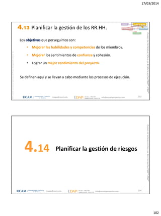 17/03/2014
102
magap@ucam.edu info@escuelaproyectos.com
CURSODEINTRODUCCIÓNALACERTIFICACIÓNPMP®-PMI®
PMPyPMBOKconmarcasregistradasdelProjectManagementInstitute,Inc
203
Los objetivos que perseguimos son:
• Mejorar las habilidades y competencias de los miembros.
• Mejorar los sentimientos de confianza y cohesión.
• Lograr un mejor rendimiento del proyecto.
Se definen aquí y se llevan a cabo mediante los procesos de ejecución.
INICIO PLANIFICACIÓN
EJECUCIÓNSEGUIMIENTO
CIERRE
4.13 Planificar la gestión de los RR.HH.
Planificar la gestión de riesgos4.14
204magap@ucam.edu info@escuelaproyectos.com
CURSODEINTRODUCCIÓNALACERTIFICACIÓNPMP®-PMI®
 