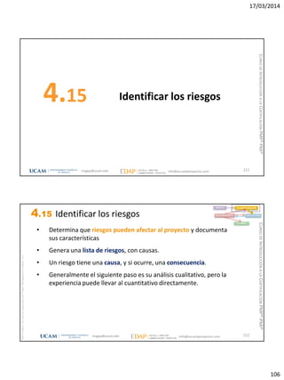 17/03/2014
106
Identificar los riesgos4.15
211magap@ucam.edu info@escuelaproyectos.com
CURSODEINTRODUCCIÓNALACERTIFICACIÓNPMP®-PMI®
magap@ucam.edu info@escuelaproyectos.com
CURSODEINTRODUCCIÓNALACERTIFICACIÓNPMP®-PMI®
PMPyPMBOKconmarcasregistradasdelProjectManagementInstitute,Inc
212
• Determina que riesgos pueden afectar al proyecto y documenta
sus características
• Genera una lista de riesgos, con causas.
• Un riesgo tiene una causa, y si ocurre, una consecuencia.
• Generalmente el siguiente paso es su análisis cualitativo, pero la
experiencia puede llevar al cuantitativo directamente.
INICIO PLANIFICACIÓN
EJECUCIÓNSEGUIMIENTO
CIERRE
4.15 Identificar los riesgos
 