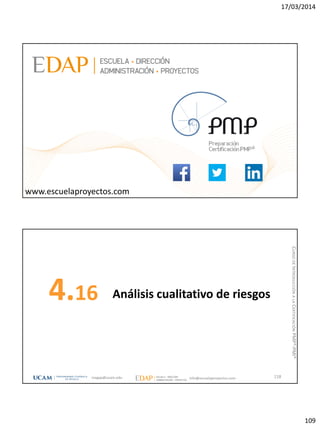 17/03/2014
109
magap@ucam.edu info@escuelaproyectos.com
CURSODEINTRODUCCIÓNALACERTIFICACIÓNPMP®-PMI®
217www.escuelaproyectos.com
Análisis cualitativo de riesgos4.16
218magap@ucam.edu info@escuelaproyectos.com
CURSODEINTRODUCCIÓNALACERTIFICACIÓNPMP®-PMI®
 