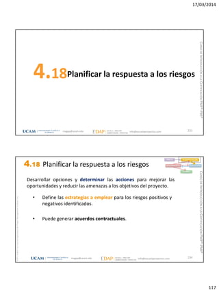 17/03/2014
117
Planificar la respuesta a los riesgos4.18
233magap@ucam.edu info@escuelaproyectos.com
CURSODEINTRODUCCIÓNALACERTIFICACIÓNPMP®-PMI®
magap@ucam.edu info@escuelaproyectos.com
CURSODEINTRODUCCIÓNALACERTIFICACIÓNPMP®-PMI®
PMPyPMBOKconmarcasregistradasdelProjectManagementInstitute,Inc
234
• Define las estrategias a emplear para los riesgos positivos y
negativos identificados.
• Puede generar acuerdos contractuales.
Desarrollar opciones y determinar las acciones para mejorar las
oportunidades y reducir las amenazas a los objetivos del proyecto.
INICIO PLANIFICACIÓN
EJECUCIÓNSEGUIMIENTO
CIERRE
4.18 Planificar la respuesta a los riesgos
 