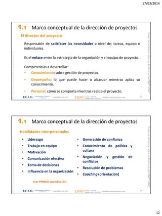 17/03/2014
12
magap@ucam.edu info@escuelaproyectos.com
CURSODEINTRODUCCIÓNALACERTIFICACIÓNPMP®-PMI®
PMPyPMBOKconmarcasregistradasdelProjectManagementInstitute,Inc
23
El director del proyecto
Responsable de satisfacer las necesidades a nivel de: tareas, equipo e
individuales.
Es el enlace entre la estrategia de la organiación y el equipo de proyecto.
Competencias a desarrollar:
• Conocimiento: sobre gestión de proyectos.
• Desempeño: lo que puede hacer o alcanzar mientras aplica su
conocimiento.
• Personal: cómo se comporta mientras realiza el proyecto.
1.1 Marco conceptual de la dirección de proyectos
magap@ucam.edu info@escuelaproyectos.com
CURSODEINTRODUCCIÓNALACERTIFICACIÓNPMP®-PMI®
PMPyPMBOKconmarcasregistradasdelProjectManagementInstitute,Inc
24
• Liderazgo
• Trabajo en equipo
• Motivación
• Comunicación efectiva
• Toma de decisiones
• Influencia en la organización
• Generación de confianza
• Conocimiento de política y
cultura
• Negociación y gestión de
conflictos
• Resolución de problemas
• Coaching (orientación)
(ver PMBOK-apéndice X3)
Habilidades interpersonales
1.1 Marco conceptual de la dirección de proyectos
 