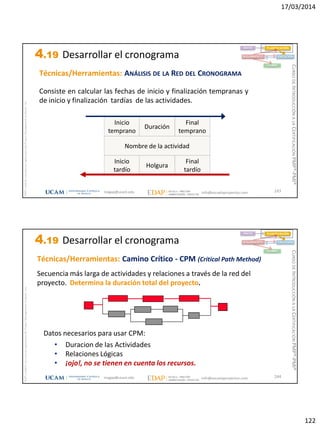 17/03/2014
122
magap@ucam.edu info@escuelaproyectos.com
CURSODEINTRODUCCIÓNALACERTIFICACIÓNPMP®-PMI®
PMPyPMBOKconmarcasregistradasdelProjectManagementInstitute,Inc
243
Inicio
temprano
Duración
Final
temprano
Nombre de la actividad
Inicio
tardío
Holgura
Final
tardío
Técnicas/Herramientas: ANÁLISIS DE LA RED DEL CRONOGRAMA
Consiste en calcular las fechas de inicio y finalización tempranas y
de inicio y finalización tardías de las actividades.
INICIO PLANIFICACIÓN
EJECUCIÓNSEGUIMIENTO
CIERRE
4.19 Desarrollar el cronograma
magap@ucam.edu info@escuelaproyectos.com
CURSODEINTRODUCCIÓNALACERTIFICACIÓNPMP®-PMI®
PMPyPMBOKconmarcasregistradasdelProjectManagementInstitute,Inc
244
Datos necesarios para usar CPM:
• Duracion de las Actividades
• Relaciones Lógicas
• ¡ojo!, no se tienen en cuenta los recursos.
Técnicas/Herramientas: Camino Crítico - CPM (Critical Path Method)
INICIO PLANIFICACIÓN
EJECUCIÓNSEGUIMIENTO
CIERRE
Secuencia más larga de actividades y relaciones a través de la red del
proyecto. Determina la duración total del proyecto.
4.19 Desarrollar el cronograma
 