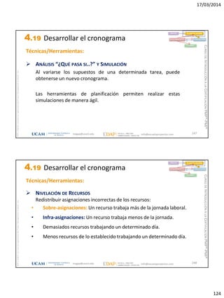 17/03/2014
124
magap@ucam.edu info@escuelaproyectos.com
CURSODEINTRODUCCIÓNALACERTIFICACIÓNPMP®-PMI®
PMPyPMBOKconmarcasregistradasdelProjectManagementInstitute,Inc
247
Técnicas/Herramientas:
 ANÁLISIS “¿QUÉ PASA SI..?” Y SIMULACIÓN
Al variarse los supuestos de una determinada tarea, puede
obtenerse un nuevo cronograma.
Las herramientas de planificación permiten realizar estas
simulaciones de manera ágil.
INICIO PLANIFICACIÓN
EJECUCIÓNSEGUIMIENTO
CIERRE
4.19 Desarrollar el cronograma
magap@ucam.edu info@escuelaproyectos.com
CURSODEINTRODUCCIÓNALACERTIFICACIÓNPMP®-PMI®
PMPyPMBOKconmarcasregistradasdelProjectManagementInstitute,Inc
248
Técnicas/Herramientas:
 NIVELACIÓN DE RECURSOS
Redistribuir asignaciones incorrectas de los recursos:
• Sobre-asignaciones: Un recurso trabaja más de la jornada laboral.
• Infra-asignaciones: Un recurso trabaja menos de la jornada.
• Demasiados recursos trabajando un determinado día.
• Menos recursos de lo establecido trabajando un determinado día.
INICIO PLANIFICACIÓN
EJECUCIÓNSEGUIMIENTO
CIERRE
4.19 Desarrollar el cronograma
 