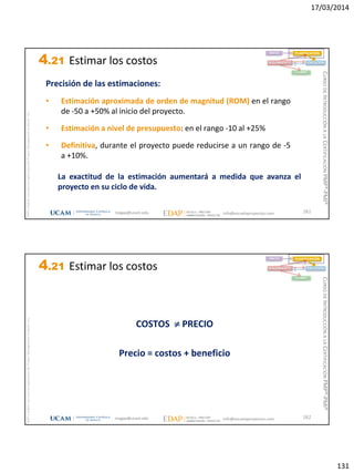 17/03/2014
131
magap@ucam.edu info@escuelaproyectos.com
CURSODEINTRODUCCIÓNALACERTIFICACIÓNPMP®-PMI®
PMPyPMBOKconmarcasregistradasdelProjectManagementInstitute,Inc
261
Precisión de las estimaciones:
• Estimación aproximada de orden de magnitud (ROM) en el rango
de -50 a +50% al inicio del proyecto.
• Estimación a nivel de presupuesto: en el rango -10 al +25%
• Definitiva, durante el proyecto puede reducirse a un rango de -5
a +10%.
La exactitud de la estimación aumentará a medida que avanza el
proyecto en su ciclo de vida.
INICIO PLANIFICACIÓN
EJECUCIÓNSEGUIMIENTO
CIERRE
4.21 Estimar los costos
magap@ucam.edu info@escuelaproyectos.com
CURSODEINTRODUCCIÓNALACERTIFICACIÓNPMP®-PMI®
PMPyPMBOKconmarcasregistradasdelProjectManagementInstitute,Inc
262
COSTOS  PRECIO
Precio = costos + beneficio
INICIO PLANIFICACIÓN
EJECUCIÓNSEGUIMIENTO
CIERRE
4.21 Estimar los costos
 
