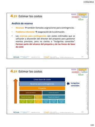17/03/2014
133
magap@ucam.edu info@escuelaproyectos.com
CURSODEINTRODUCCIÓNALACERTIFICACIÓNPMP®-PMI®
PMPyPMBOKconmarcasregistradasdelProjectManagementInstitute,Inc
265
Análisis de reserva
• Reservas  también llamadas asignaciones para contingencias.
• Problema inherente  exageración de la estimación.
• Las reservas para contingencias son costes estimados que se
utilizarán a discreción del director del proyecto para gestionar
eventos previstos, pero no ciertos o “incógnitas conocidas”
Forman parte del alcance del proyecto y de las líneas de base
de coste
INICIO PLANIFICACIÓN
EJECUCIÓNSEGUIMIENTO
CIERRE
4.21 Estimar los costos
magap@ucam.edu info@escuelaproyectos.com
CURSODEINTRODUCCIÓNALACERTIFICACIÓNPMP®-PMI®
PMPyPMBOKconmarcasregistradasdelProjectManagementInstitute,Inc
266
Línea base de coste
Reserva para contingencias
Proyecto
Cuenta de control 1
Paquete de trabajo 11
Actividad
111
Actividad
112
Paquete de
trabajo 12
Actividad
121
Cuenta de control 2
Paquete de trabajo 21
Actividad
211
Actividad
212
Actividad
213
Incógnitas
conocidas
INICIO PLANIFICACIÓN
EJECUCIÓNSEGUIMIENTO
CIERRE
4.21 Estimar los costos
 