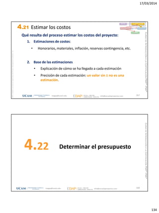 17/03/2014
134
magap@ucam.edu info@escuelaproyectos.com
CURSODEINTRODUCCIÓNALACERTIFICACIÓNPMP®-PMI®
PMPyPMBOKconmarcasregistradasdelProjectManagementInstitute,Inc
267
Qué resulta del proceso estimar los costos del proyecto:
1. Estimaciones de costos:
• Honorarios, materiales, inflación, reservas contingencia, etc.
2. Base de las estimaciones
• Explicación de cómo se ha llegado a cada estimación
• Precisión de cada estimación: un valor sin ± no es una
estimación.
INICIO PLANIFICACIÓN
EJECUCIÓNSEGUIMIENTO
CIERRE
4.21 Estimar los costos
Determinar el presupuesto4.22
268magap@ucam.edu info@escuelaproyectos.com
CURSODEINTRODUCCIÓNALACERTIFICACIÓNPMP®-PMI®
 