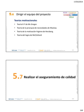 17/03/2014
168
magap@ucam.edu info@escuelaproyectos.com
CURSODEINTRODUCCIÓNALACERTIFICACIÓNPMP®-PMI®
PMPyPMBOKconmarcasregistradasdelProjectManagementInstitute,Inc
335
Teorías motivacionales
• Teoría X-Y de Mc Gregor.
• Teoría de la jerarquía de necesidades de Maslow.
• Teoría de la motivación-higiene de Herzberg.
• Teoría del logro de McClelland
INICIO PLANIFICACIÓN
EJECUCIÓNSEGUIMIENTO
CIERRE
5.6 Dirigir el equipo del proyecto
Realizar el aseguramiento de calidad5.7
336magap@ucam.edu info@escuelaproyectos.com
CURSODEINTRODUCCIÓNALACERTIFICACIÓNPMP®-PMI®
 