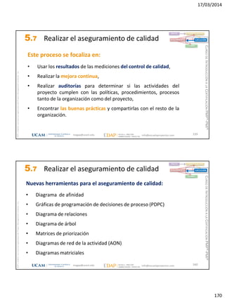17/03/2014
170
magap@ucam.edu info@escuelaproyectos.com
CURSODEINTRODUCCIÓNALACERTIFICACIÓNPMP®-PMI®
PMPyPMBOKconmarcasregistradasdelProjectManagementInstitute,Inc
339
Este proceso se focaliza en:
• Usar los resultados de las mediciones del control de calidad,
• Realizar la mejora continua,
• Realizar auditorías para determinar si las actividades del
proyecto cumplen con las políticas, procedimientos, procesos
tanto de la organización como del proyecto,
• Encontrar las buenas prácticas y compartirlas con el resto de la
organización.
INICIO PLANIFICACIÓN
EJECUCIÓNSEGUIMIENTO
CIERRE
5.7 Realizar el aseguramiento de calidad
magap@ucam.edu info@escuelaproyectos.com
CURSODEINTRODUCCIÓNALACERTIFICACIÓNPMP®-PMI®
PMPyPMBOKconmarcasregistradasdelProjectManagementInstitute,Inc
340
Nuevas herramientas para el aseguramiento de calidad:
• Diagrama de afinidad
• Gráficas de programación de decisiones de proceso (PDPC)
• Diagrama de relaciones
• Diagrama de árbol
• Matrices de priorización
• Diagramas de red de la actividad (AON)
• Diagramas matriciales
INICIO PLANIFICACIÓN
EJECUCIÓNSEGUIMIENTO
CIERRE
5.7 Realizar el aseguramiento de calidad
 