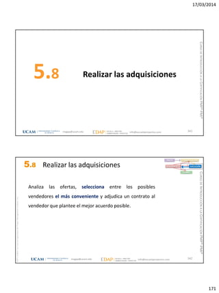 17/03/2014
171
Realizar las adquisiciones5.8
341magap@ucam.edu info@escuelaproyectos.com
CURSODEINTRODUCCIÓNALACERTIFICACIÓNPMP®-PMI®
magap@ucam.edu info@escuelaproyectos.com
CURSODEINTRODUCCIÓNALACERTIFICACIÓNPMP®-PMI®
PMPyPMBOKconmarcasregistradasdelProjectManagementInstitute,Inc
342
Analiza las ofertas, selecciona entre los posibles
vendedores el más conveniente y adjudica un contrato al
vendedor que plantee el mejor acuerdo posible.
INICIO PLANIFICACIÓN
EJECUCIÓNSEGUIMIENTO
CIERRE
5.8 Realizar las adquisiciones
 