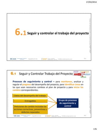 17/03/2014
176
Seguir y controlar el trabajo del proyecto6.1
351magap@ucam.edu info@escuelaproyectos.com
CURSODEINTRODUCCIÓNALACERTIFICACIÓNPMP®-PMI®
magap@ucam.edu info@escuelaproyectos.com
CURSODEINTRODUCCIÓNALACERTIFICACIÓNPMP®-PMI®
PMPyPMBOKconmarcasregistradasdelProjectManagementInstitute,Inc
352
Procesos de seguimiento y control – para monitorear, analizar y
regular el progreso del desempeño del proyecto, para identificar áreas en
las que sean necesarios cambios al plan de proyecto y para iniciar los
cambios correspondientes.
Datos del desempeño del trabajo
Peticiones de cambio incluidas las
acciones correctivas, preventivas y
defectos reparados
Grupo de procesos
de seguimiento y
control
Entregables
INICIO PLANIFICACIÓN
EJECUCIÓNSEGUIMIENTO
CIERRE
6.1 Seguir y Controlar Trabajo del Proyecto
 