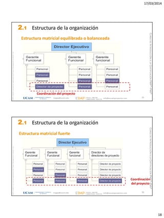 17/03/2014
18
magap@ucam.edu info@escuelaproyectos.com
CURSODEINTRODUCCIÓNALACERTIFICACIÓNPMP®-PMI®
PMPyPMBOKconmarcasregistradasdelProjectManagementInstitute,Inc
35
Estructura matricial equilibrada o balanceada
Coordinación del proyecto
2.1 Estructura de la organización
magap@ucam.edu info@escuelaproyectos.com
CURSODEINTRODUCCIÓNALACERTIFICACIÓNPMP®-PMI®
PMPyPMBOKconmarcasregistradasdelProjectManagementInstitute,Inc
36
Estructura matricial fuerte
Coordinación
del proyecto
2.1 Estructura de la organización
 