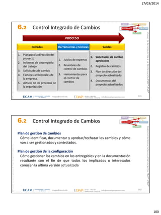 17/03/2014
180
magap@ucam.edu info@escuelaproyectos.com
CURSODEINTRODUCCIÓNALACERTIFICACIÓNPMP®-PMI®
PMPyPMBOKconmarcasregistradasdelProjectManagementInstitute,Inc
359
1. Plan para la dirección del
proyecto
2. Informes de desempeño
del trabajo
3. Solicitudes de cambio
4. Factores ambientales de
la empresa.
5. Activos de los procesos de
la organización
Entradas
1. Solicitudes de cambio
aprobados
2. Registro de cambios
3. Plan de dirección del
proyecto actualizado
4. Documentos del
proyecto actualizados
Salidas
1. Juicios de expertos
2. Reuniones de
control de cambios
3. Herramientas para
el control de
cambios
Herramientas y técnicas
PROCESO
INICIO PLANIFICACIÓN
EJECUCIÓNSEGUIMIENTO
CIERRE
6.2 Control Integrado de Cambios
magap@ucam.edu info@escuelaproyectos.com
CURSODEINTRODUCCIÓNALACERTIFICACIÓNPMP®-PMI®
PMPyPMBOKconmarcasregistradasdelProjectManagementInstitute,Inc
360
Plan de gestión de cambios
Cómo identificar, documentar y aprobar/rechazar los cambios y cómo
van a ser gestionados y controlados.
Plan de gestión de la configuración
Cómo gestionar los cambios en los entregables y en la documentación
resultante con el fin de que todos los implicados o interesados
conocen la última versión actualizada
INICIO PLANIFICACIÓN
EJECUCIÓNSEGUIMIENTO
CIERRE
6.2 Control Integrado de Cambios
 