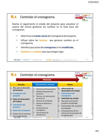 17/03/2014
187
magap@ucam.edu info@escuelaproyectos.com
CURSODEINTRODUCCIÓNALACERTIFICACIÓNPMP®-PMI®
PMPyPMBOKconmarcasregistradasdelProjectManagementInstitute,Inc
373
Realiza el seguimiento al estado del proyecto para actualizar el
avance del mismo gestionar los cambios en la línea base del
cronograma.
• Determina el estado actual del cronograma del proyecto,
• Influye sobre los factores que generan cambios en el
cronograma,
• Identifica que parte del cronograma se ha modificado,
• Gestiona los cambios para que tengan lugar.
INICIO PLANIFICACIÓN
EJECUCIÓNSEGUIMIENTO
CIERRE
6.5 Controlar el cronograma
magap@ucam.edu info@escuelaproyectos.com
CURSODEINTRODUCCIÓNALACERTIFICACIÓNPMP®-PMI®
PMPyPMBOKconmarcasregistradasdelProjectManagementInstitute,Inc
374
1. Plan para la dirección
del proyecto
2. Cronograma del
proyecto
3. Datos de desempeño
del trabajo
4. Calendarios del
proyecto
5. Datos del cronograma
6. Activos de los procesos
de la organización
Entradas
1. Información de
desempeño del trabajo
2. Estimaciones del
cronograma
3. Solicitudes de cambio
4. Plan para la dirección
proyecto actualizado
5. Documentos del proyecto
actualizados
6. Actualizaciones de los
activos de los procesos de
la organización
Salidas
1. Revisiones del desempeño
2. Software de gestión de
proyectos
3. Técnicas de optimización
de recursos
4. Técnicas de modelado
5. Ajuste de adelantos y
atrasos
6. Compresión del
cronograma
7. Herramientas de
planificación
Herramientas y técnicas
PROCESO
INICIO PLANIFICACIÓN
EJECUCIÓNSEGUIMIENTO
CIERRE
6.5 Controlar el cronograma
 