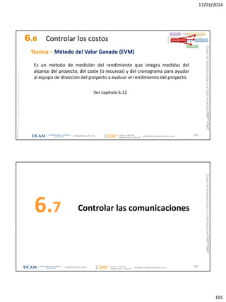 17/03/2014
191
magap@ucam.edu info@escuelaproyectos.com
CURSODEINTRODUCCIÓNALACERTIFICACIÓNPMP®-PMI®
PMPyPMBOKconmarcasregistradasdelProjectManagementInstitute,Inc
381
Es un método de medición del rendimiento que integra medidas del
alcance del proyecto, del coste (o recursos) y del cronograma para ayudar
al equipo de dirección del proyecto a evaluar el rendimiento del proyecto.
INICIO PLANIFICACIÓN
EJECUCIÓNSEGUIMIENTO
CIERRE
Técnica – Método del Valor Ganado (EVM)
6.6 Controlar los costos
Ver capitulo 6.12
Controlar las comunicaciones6.7
382magap@ucam.edu info@escuelaproyectos.com
CURSODEINTRODUCCIÓNALACERTIFICACIÓNPMP®-PMI®
 