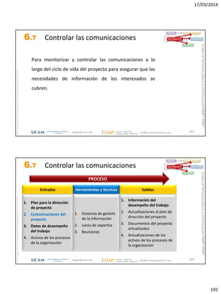 17/03/2014
192
magap@ucam.edu info@escuelaproyectos.com
CURSODEINTRODUCCIÓNALACERTIFICACIÓNPMP®-PMI®
PMPyPMBOKconmarcasregistradasdelProjectManagementInstitute,Inc
383
Para monitorizar y controlar las comunicaciones a lo
largo del ciclo de vida del proyecto para asegurar que las
necesidades de información de los interesados se
cubren.
INICIO PLANIFICACIÓN
EJECUCIÓNSEGUIMIENTO
CIERRE
6.7 Controlar las comunicaciones
magap@ucam.edu info@escuelaproyectos.com
CURSODEINTRODUCCIÓNALACERTIFICACIÓNPMP®-PMI®
PMPyPMBOKconmarcasregistradasdelProjectManagementInstitute,Inc
384
1. Plan para la dirección
de proyecto
2. Comunicaciones del
proyecto
3. Datos de desempeño
del trabajo
4. Activos de los procesos
de la organización
Entradas
1. Información del
desempeño del trabajo
2. Actualizaciones al plan de
dirección del proyecto
3. Documentos del proyecto
actualizados
4. Actualizaciones de los
activos de los procesos de
la organización
Salidas
1. Sistemas de gestión
de la información
2. Juicio de expertos
3. Reuniones
Herramientas y técnicas
PROCESO
INICIO PLANIFICACIÓN
EJECUCIÓNSEGUIMIENTO
CIERRE
6.7 Controlar las comunicaciones
 