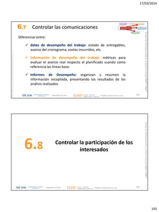 17/03/2014
193
magap@ucam.edu info@escuelaproyectos.com
CURSODEINTRODUCCIÓNALACERTIFICACIÓNPMP®-PMI®
PMPyPMBOKconmarcasregistradasdelProjectManagementInstitute,Inc
385
Diferenciar entre:
 datos de desempeño del trabajo: estado de entregables,
avance del cronograma, costos incurridos, etc.
 Información de desempeño del trabajo: métricas para
evaluar el avance real respecto al planificado usando como
referencia las líneas base.
 Informes de Desempeño: organizan y resumen la
información recopilada, presentando los resultados de los
análisis realizados
INICIO PLANIFICACIÓN
EJECUCIÓNSEGUIMIENTO
CIERRE
6.7 Controlar las comunicaciones
Controlar la participación de los
interesados6.8
386magap@ucam.edu info@escuelaproyectos.com
CURSODEINTRODUCCIÓNALACERTIFICACIÓNPMP®-PMI®
 