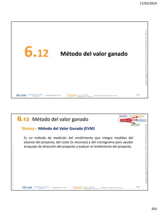 17/03/2014
203
Método del valor ganado6.12
405magap@ucam.edu info@escuelaproyectos.com
CURSODEINTRODUCCIÓNALACERTIFICACIÓNPMP®-PMI®
magap@ucam.edu info@escuelaproyectos.com
CURSODEINTRODUCCIÓNALACERTIFICACIÓNPMP®-PMI®
PMPyPMBOKconmarcasregistradasdelProjectManagementInstitute,Inc
406
Es un método de medición del rendimiento que integra medidas del
alcance del proyecto, del coste (o recursos) y del cronograma para ayudar
al equipo de dirección del proyecto a evaluar el rendimiento del proyecto.
INICIO PLANIFICACIÓN
EJECUCIÓNSEGUIMIENTO
CIERRE
Técnica – Método del Valor Ganado (EVM)
6.12 Método del valor ganado
 