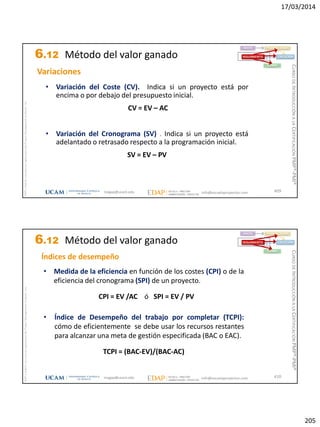 17/03/2014
205
magap@ucam.edu info@escuelaproyectos.com
CURSODEINTRODUCCIÓNALACERTIFICACIÓNPMP®-PMI®
PMPyPMBOKconmarcasregistradasdelProjectManagementInstitute,Inc
409
• Variación del Coste (CV). Indica si un proyecto está por
encima o por debajo del presupuesto inicial.
CV = EV – AC
• Variación del Cronograma (SV) . Indica si un proyecto está
adelantado o retrasado respecto a la programación inicial.
SV = EV – PV
Variaciones
INICIO PLANIFICACIÓN
EJECUCIÓNSEGUIMIENTO
CIERRE
6.12 Método del valor ganado
magap@ucam.edu info@escuelaproyectos.com
CURSODEINTRODUCCIÓNALACERTIFICACIÓNPMP®-PMI®
PMPyPMBOKconmarcasregistradasdelProjectManagementInstitute,Inc
410
• Medida de la eficiencia en función de los costes (CPI) o de la
eficiencia del cronograma (SPI) de un proyecto.
CPI = EV /AC ó SPI = EV / PV
• Índice de Desempeño del trabajo por completar (TCPI):
cómo de eficientemente se debe usar los recursos restantes
para alcanzar una meta de gestión especificada (BAC o EAC).
TCPI = (BAC-EV)/(BAC-AC)
Índices de desempeño
INICIO PLANIFICACIÓN
EJECUCIÓNSEGUIMIENTO
CIERRE
6.12 Método del valor ganado
 