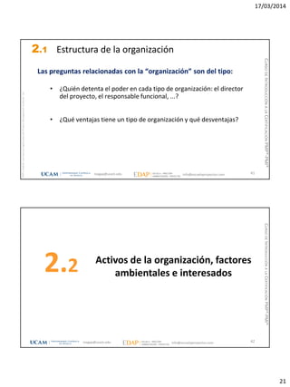 17/03/2014
21
magap@ucam.edu info@escuelaproyectos.com
CURSODEINTRODUCCIÓNALACERTIFICACIÓNPMP®-PMI®
PMPyPMBOKconmarcasregistradasdelProjectManagementInstitute,Inc
41
Las preguntas relacionadas con la “organización” son del tipo:
• ¿Quién detenta el poder en cada tipo de organización: el director
del proyecto, el responsable funcional, ...?
• ¿Qué ventajas tiene un tipo de organización y qué desventajas?
2.1 Estructura de la organización
Activos de la organización, factores
ambientales e interesados2.2
42magap@ucam.edu info@escuelaproyectos.com
CURSODEINTRODUCCIÓNALACERTIFICACIÓNPMP®-PMI®
 