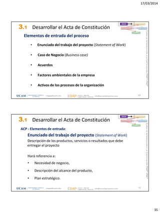 17/03/2014
35
3.1 Desarrollar el Acta de Constitución
Elementos de entrada del proceso
• Enunciado del trabajo del proyecto (Statement of Work)
• Caso de Negocio (Business case)
• Acuerdos
• Factores ambientales de la empresa
• Activos de los procesos de la organización
69
INICIO PLANIFICACIÓN
EJECUCIÓNSEGUIMIENTO
CIERRE
magap@ucam.edu info@escuelaproyectos.com
CURSODEINTRODUCCIÓNALACERTIFICACIÓNPMP®-PMI®
3.1 Desarrollar el Acta de Constitución
ACP - Elementos de entrada:
Enunciado del trabajo del proyecto (Statement of Work)
Descripción de los productos, servicios o resultados que debe
entregar el proyecto
Hará referencia a:
• Necesidad de negocio,
• Descripción del alcance del producto,
• Plan estratégico.
70
INICIO PLANIFICACIÓN
EJECUCIÓNSEGUIMIENTO
CIERRE
magap@ucam.edu info@escuelaproyectos.com
CURSODEINTRODUCCIÓNALACERTIFICACIÓNPMP®-PMI®
 
