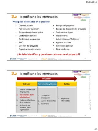 17/03/2014
42
3.2 Identificar a los interesados
83
INICIO PLANIFICACIÓN
EJECUCIÓNSEGUIMIENTO
CIERRE
Principales interesados en el proyecto
• Cliente/usuario
• Patrocinador (sponsor)
• Accionistas de la compañía
• Gestores de cartera
• Gestores de programas
• PMO
• Director del proyecto
• Organización ejecutante
• Equipo del proyecto
• Equipo de dirección del proyecto
• Socios estratégicos
• Proveedores
• Administración/Gobierno
• Agentes sociales
• Público en general
• Financiadores...
¡¡Se debe identificar y posicionar cada uno en el proyecto!!
magap@ucam.edu info@escuelaproyectos.com
CURSODEINTRODUCCIÓNALACERTIFICACIÓNPMP®-PMI®
3.2 Identificar a los interesados
84
INICIO PLANIFICACIÓN
EJECUCIÓNSEGUIMIENTO
CIERRE
1. Acta de constitución
del proyecto.
2. Documentos de las
adquisiciones
3. Factores del entorno
de la empresa.
4. Activos de los
procesos de la
organización
Entradas
1. Registro de
interesados
Salidas
1. Análisis de
interesados
2. Juicios de expertos
3. Reuniones
Herramientas y técnicas
PROCESO
magap@ucam.edu info@escuelaproyectos.com
CURSODEINTRODUCCIÓNALACERTIFICACIÓNPMP®-PMI®
 