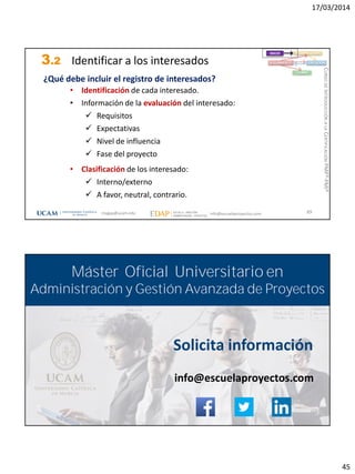 17/03/2014
45
3.2 Identificar a los interesados
89
INICIO PLANIFICACIÓN
EJECUCIÓNSEGUIMIENTO
CIERRE
¿Qué debe incluir el registro de interesados?
• Identificación de cada interesado.
• Información de la evaluación del interesado:
 Requisitos
 Expectativas
 Nivel de influencia
 Fase del proyecto
• Clasificación de los interesado:
 Interno/externo
 A favor, neutral, contrario.
magap@ucam.edu info@escuelaproyectos.com
CURSODEINTRODUCCIÓNALACERTIFICACIÓNPMP®-PMI®
magap@ucam.edu info@escuelaproyectos.com
CURSODEINTRODUCCIÓNALACERTIFICACIÓNPMP®-PMI®
90
Solicita información
info@escuelaproyectos.com
Máster Oficial Universitario en
Administración y Gestión Avanzada de Proyectos
 